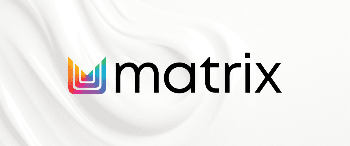 Matrix logo with colorful design on a wavy white background.